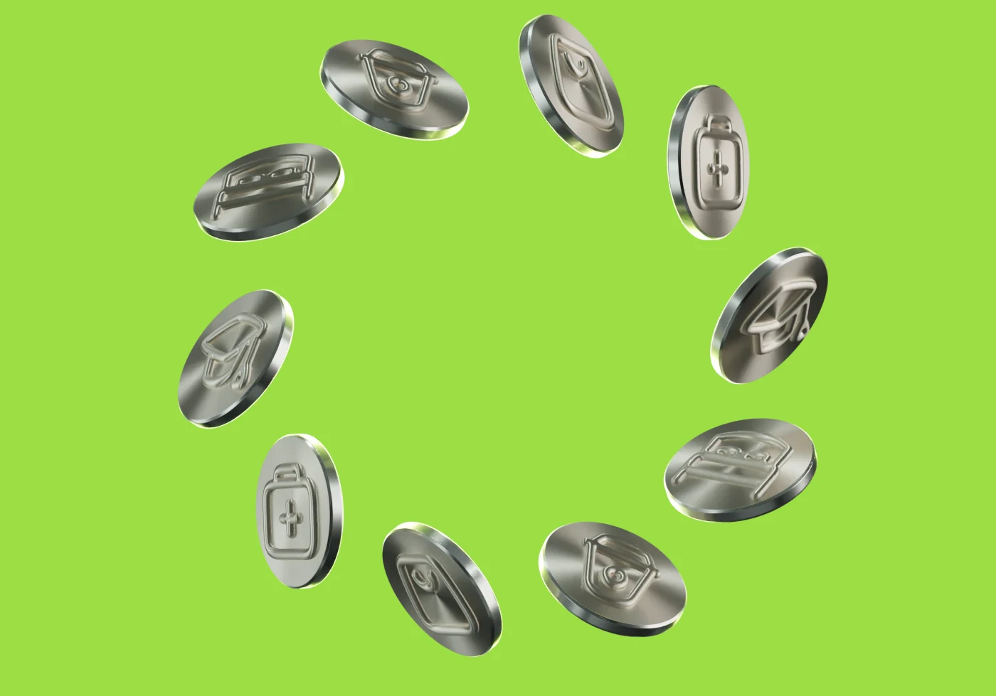 Ten aluminium coins with the industry icons in a ring