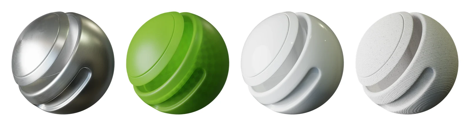 Four balls: brushed aluminium, lime frosted glass, porcelain, unglazed ceramic